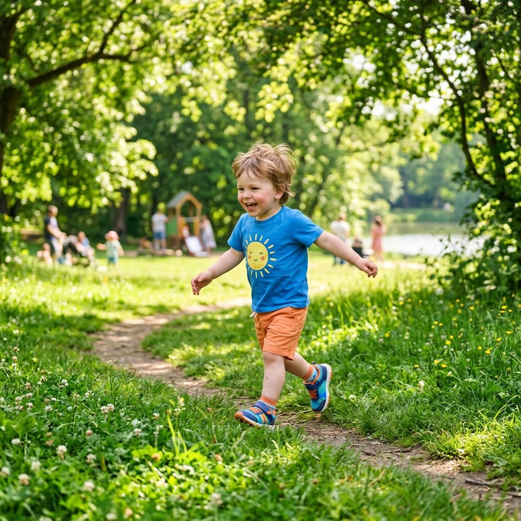 A healthy, immunized toddler running joyfully in a park